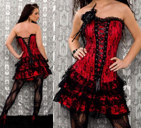 Sexy Red/Black  satin boned lace up corset bustier dress with G-string  clubwear  dancewear Drop ship 2616  S-2xl