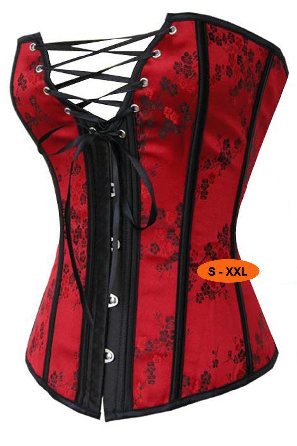 Sexy red boned lace up floral satin  corset bustier linger costume dropshipping S-2XL