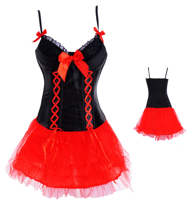 Sexy Red Bow Corset + Mini Skirt Overbust Top Bustier Lingerie Burlesque Basque Plus Size S M L XL 2XL