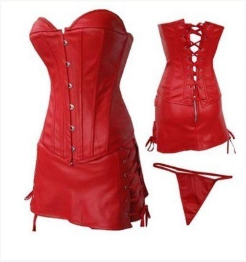 Sexy Red Faux Leather Corset Bustier Skirt Mini Dress G-string Goth Punk