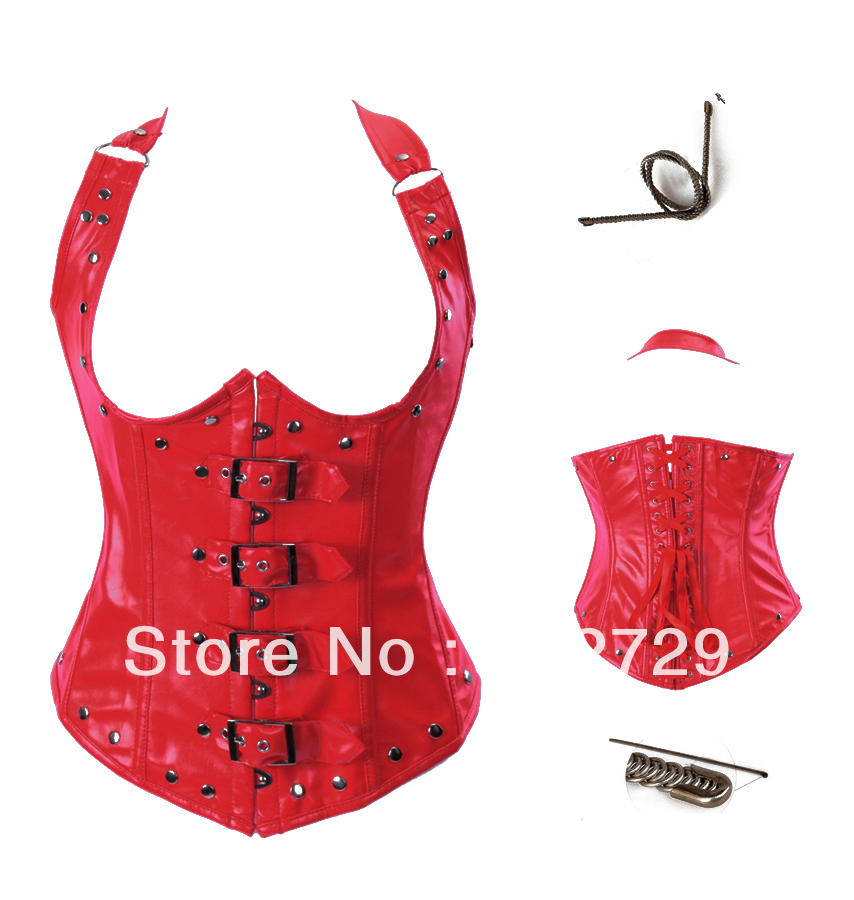 Sexy Red faux leather spiral steel boned lace up on back with strap bodyshaper clubwear S-2XL