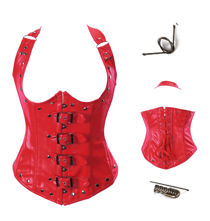 Sexy Red faux leather spiral steel boned lace up on back with strap bodyshaper clubwear S-2XL