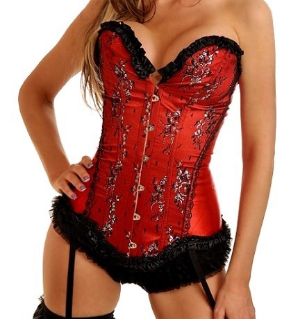 Sexy red floral satin boned corset bustier lace up with garter lace up lingerie clubwear  factory supplier S-2XL