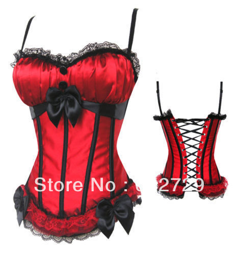 Sexy red satin boned lace up Burlesque corset bustier with padded cup and strap dropship S-2XL