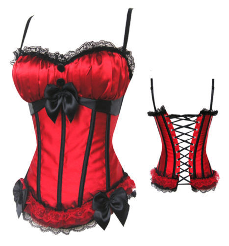 Sexy red satin boned lace up Burlesque corset bustier with padded cup and strap dropship S-2XL