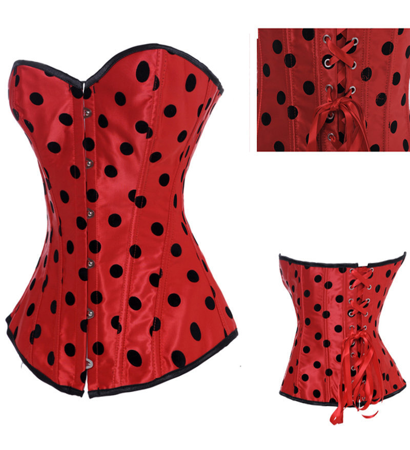 Sexy red satin with black big dots Corset Bustier lace up boned bodyshaper factory supplier S-2XL