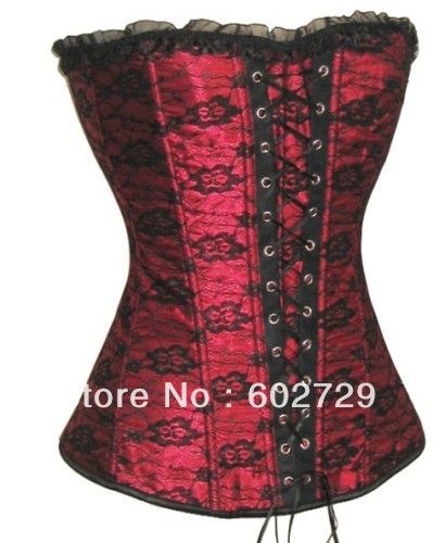 Sexy red satin with black lace overlay boned Corset Bustier clubwear bodyshaper factory supplier S-2XL