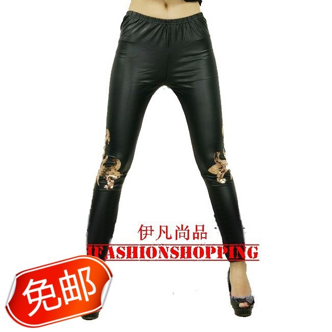 Sexy rock gold cross sequin embroidery faux leather ankle length legging