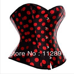 Sexy satin lace up boned Black with red dots body shaper Corset Bustier linger clubwear +G-string S-2XL  M0229