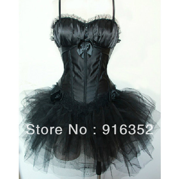 Sexy Satin Padded Bra Boned Black Lace Up Corset Bustier TOP/Mini Tutu skirt set Freeshipping