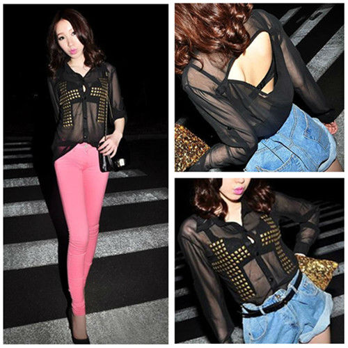 Sexy See Through Studs Rivets Cross Open Back Chiffon Blouse Top Shirt 0098#