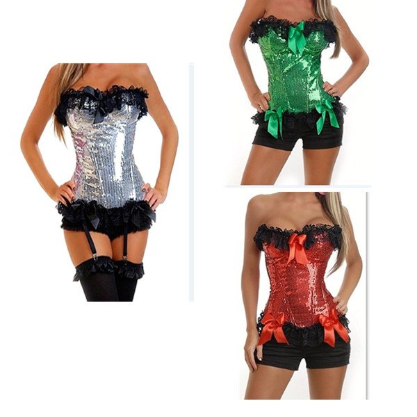 Sexy sequin lace up boned zipper side busiter corset clubwear showgirl costume S-2XL