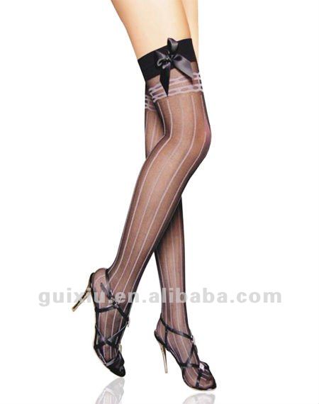 Sexy Sheer Stockings With Opaque Stripes and Satin Bow