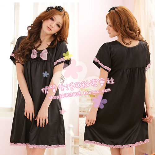 Sexy silks and satins princess lounge o-neck black bow short-sleeve sleepwear nightgown women's summer