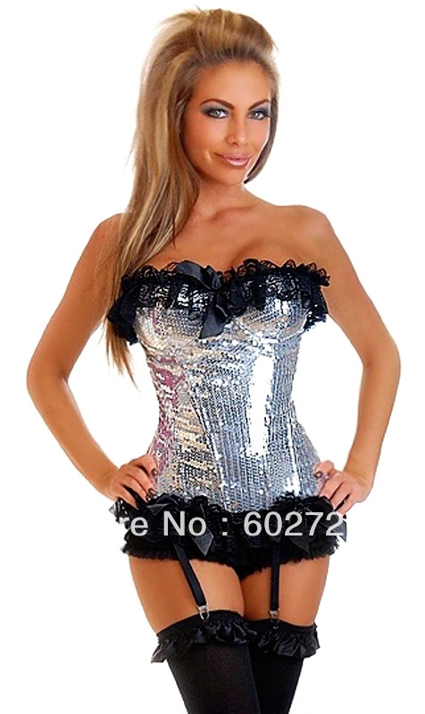 Sexy silver boned lace up with shiny sequin Burlesque Corset Bustier showgirl factory supplier S-2XL