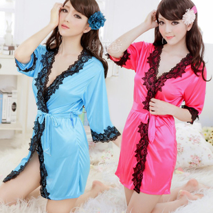 Sexy sleepwear autumn and winter female japanese style kimono robe bathrobes transparent lace decoration underwear set