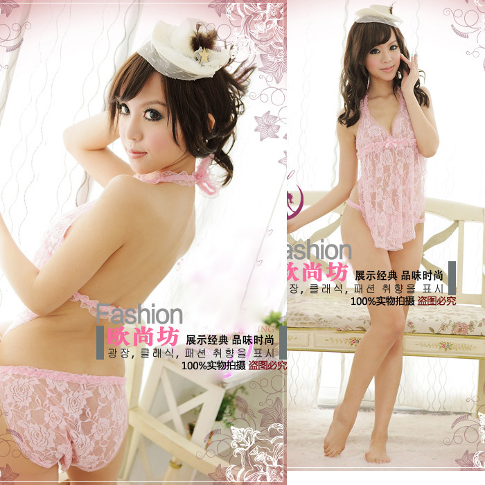 Sexy sleepwear female set lace transparent temptation apron racerback nightgown set panties j0901