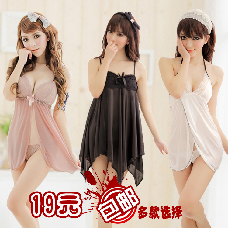 Sexy sleepwear female summer transparent lace spaghetti strap nightgown underwear twinset temptation