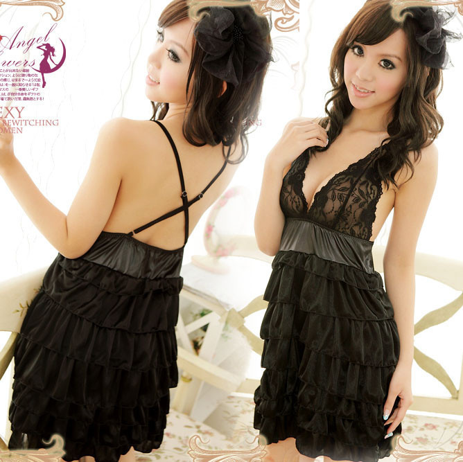 Sexy sleepwear female temptation transparent deep V-neck racerback nightgown set gauze lace black layered dress