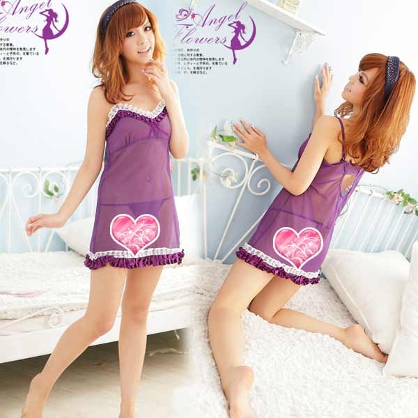 Sexy sleepwear female temptation transparent deep V-neck racerback nightgown set gauze lace purple nightgown