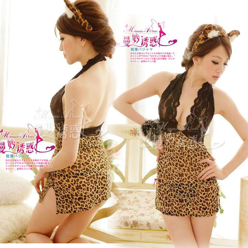 Sexy sleepwear lace silk spaghetti strap nightgown female temptation leopard print underwear twinset