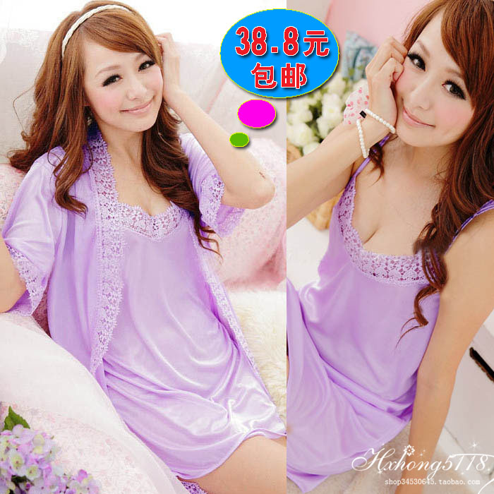 Sexy sleepwear spaghetti strap nightgown twinset female summer paragraph lace temptation lounge robe bathrobes 3565