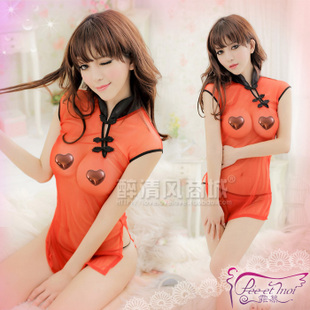 Sexy sleepwear summer women's usuginu transparent lace sexy cheongsam style nightgown twinset temptation