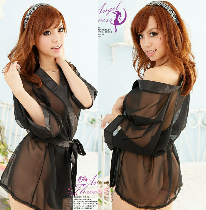 Sexy sleepwear temptation bathrobe tender soft screen kimono style chiffon material robe lounge set