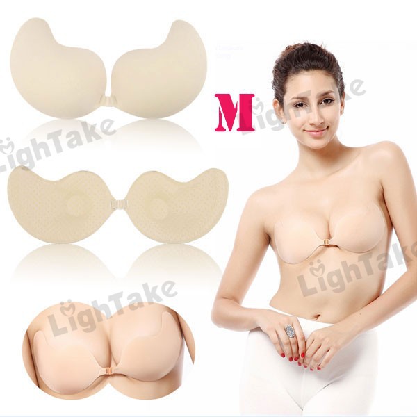 Sexy Soft Strapless Cotton Silicone Adhesive Deep-V Design Bra Cups  Flesh Color (Size M)