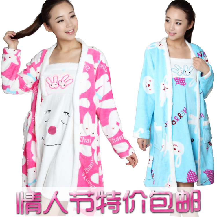 Sexy spaghetti strap nightgown robe twinset women's coral fleece sleep set bathrobe