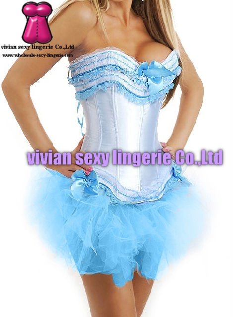 sexy Strapless blue lace corset Bustier&Pettiskirt Sets 1558-1(S,M,L,XL,XXL) wholesale price