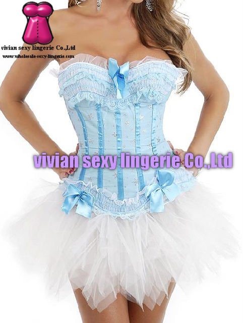 sexy Strapless blue lace pink corset Bustier&Pettiskirt Sets 1557-2(S,M,L,XL,XXL) wholesale price