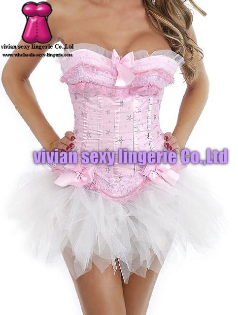 sexy Strapless pink lace pink corset Bustier&Pettiskirt Sets 1557P-2(S,M,L,XL,XXL) wholesale price