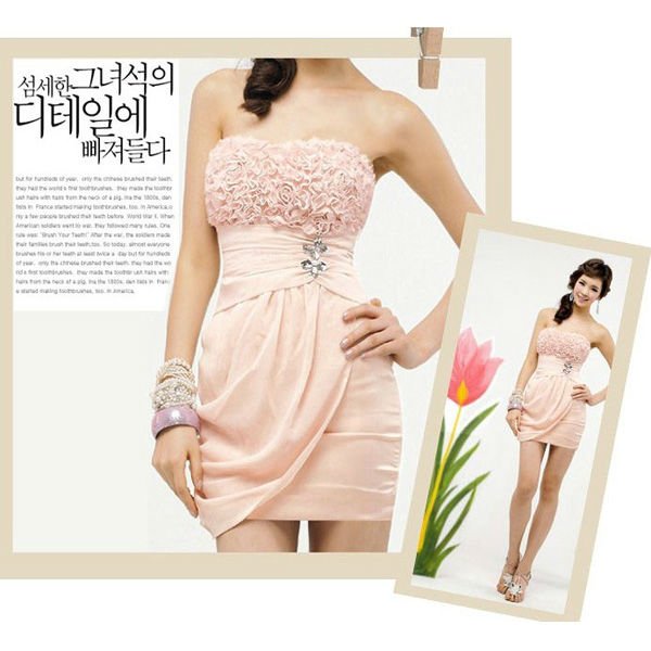 SEXY STRETCH STRAPLESS FLORAL APPLIQUE STRASS DRESS PINK S 3255