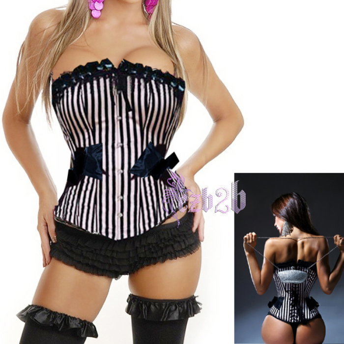 Sexy Stripe Boned Lace Up Corset Bustier basque Thong Top Set #AB972