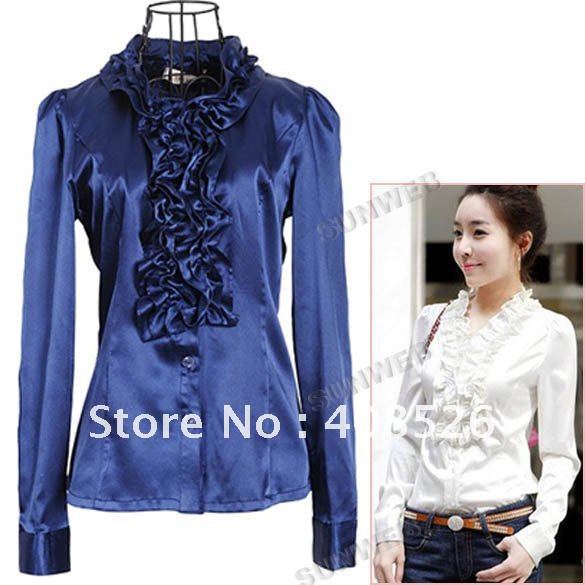 Sexy Style Women's Long Sleeve Button Satin Ruffle Tops Flouncing Down blouse shirt Button free shipping 7099