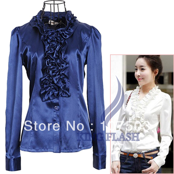 Sexy Style Women's Long Sleeve Button Satin Ruffle Tops Flouncing Down blouse shirt Button free shipping 7099