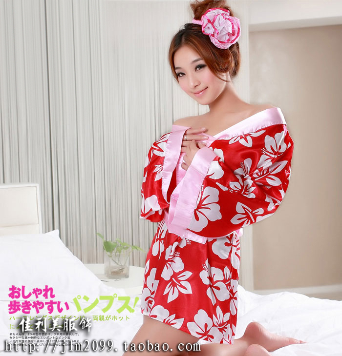 Sexy temptation kimono nightgown pink print tiebelt bow female underwear sleep set b5717