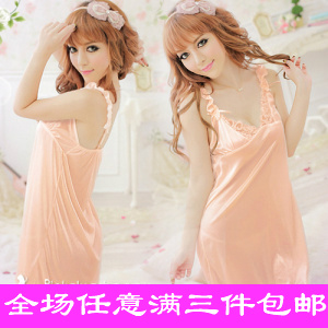 Sexy translucent sleepwear elegant female cute lace spaghetti strap sleepwear dress viscose household set 2