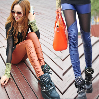 Sexy transparent gauze faux leather patchwork pleated legging female free shipping