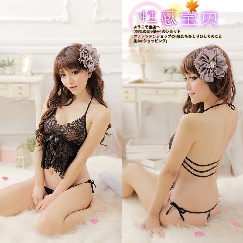 Sexy transparent gauze lace decoration transparent halter-neck women's bellyached thong lounge erotic underwear of the women