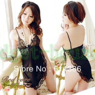 Sexy Valentine Lingerie Halloween christmas Costume cosplay lolita Dress gstring Black flower Lace side split Free shipping A7