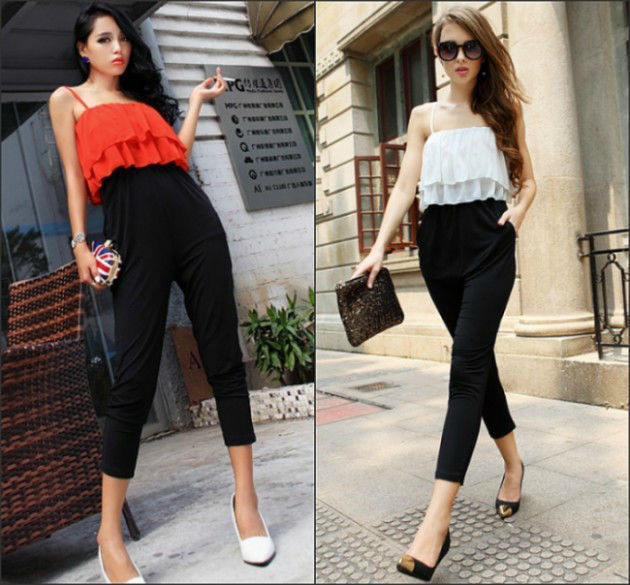 Sexy Women Colorblock Punk Flouncing Ruffled Harem Jumpsuit Playsuit Genie Pants Free Shipping Wholesale