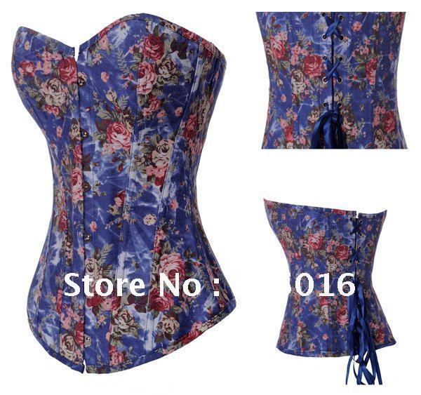 Sexy Women Flower Pattern Boned Corset Top Bustiers Fancy Burlesques Overbust Party Costumes Set