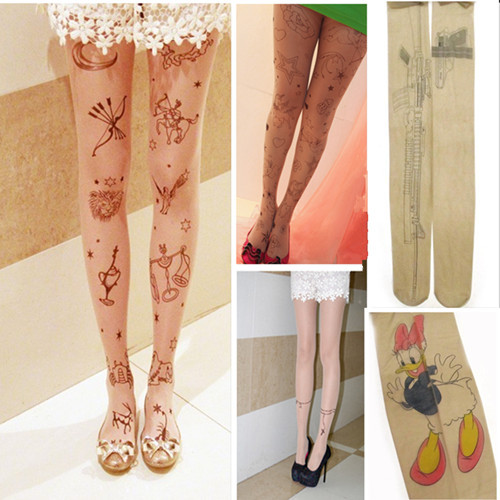 Sexy Women Gun Cat Tattoo Pattern Transparent Pantyhose Stockings Tights Legging[040246]