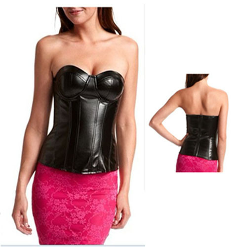 Sexy Women Hot Sale black faux leather boned zipper on back corset bustier with G-string S-2XL