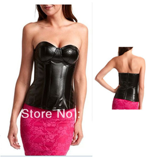 Sexy Women Hot Sale black faux leather boned zipper on back corset bustier with G-string S-2XL