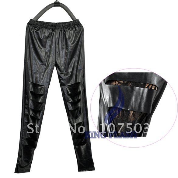 Sexy Women's Fashion New Black Leather Look Lace Skinny Tight Pants Leggings Free Shipping 6003