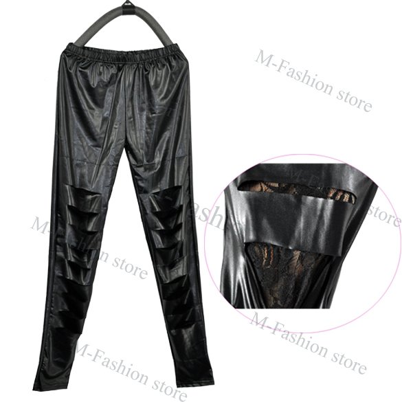 Sexy Women's Fashion New Black Leather Look Lace Skinny Tight Pants Leggings Free Shipping 6003