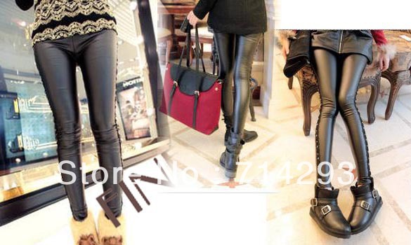 Sexy Women's Imitated Leather Side Rivets Legging Tights Skinny Pencil Pant Free Shipping 8782